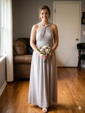 Bill Levkoff Women's Formal Flowy Beige Halter Dress with Front Split Size 12